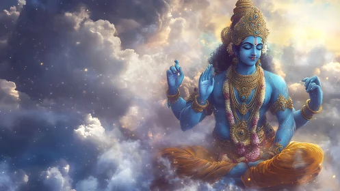 Serene blue deity floating in glowing, dreamy cloudlight.