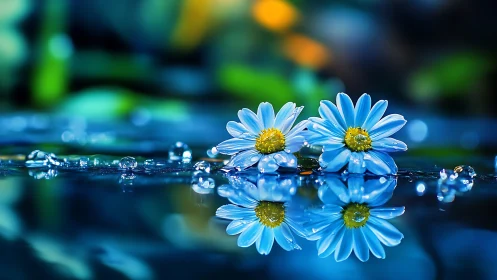 Blue daisies positioned on reflective surface with water droplets.