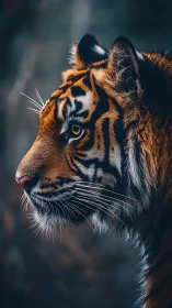 Photorealistic tiger profile with shallow depth-of-field focus.