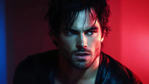Brooding man in neon red and blue cinematic lighting portrait.
