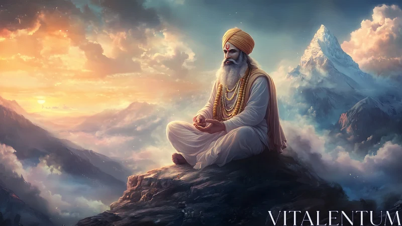 Mystic sage meditates atop sunlit Himalayan mountain peak