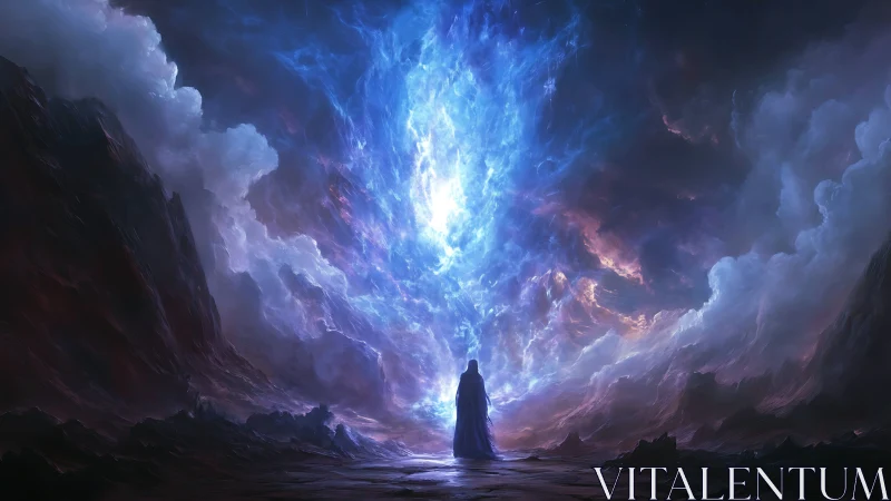 Shrouded figure before cosmic blue rift in stormy void.