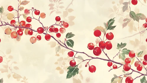 Red berries hang across delicate watercolor branches