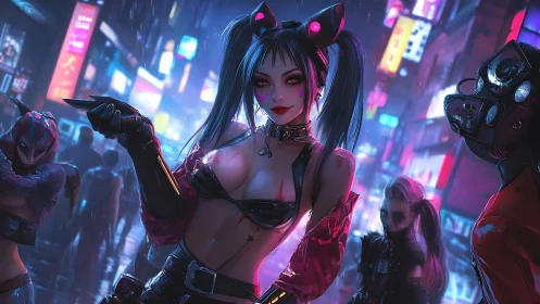 Neon-drenched cyberpunk street vixen under rain-slick billboards.
