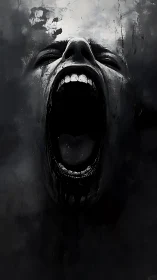 Monochrome cranial scream with dissolving facial structure.