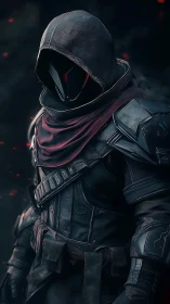 Hooded armored figure stands in dark environment with sparks