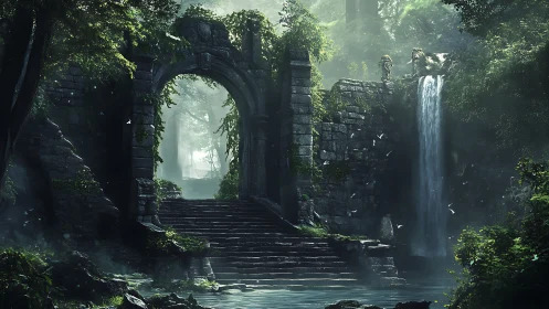 Mossy stone ruins welcome visitors beside a soft waterfall