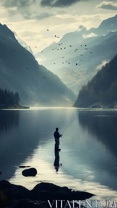Solitary figure fishing in reflective mountain lake valley