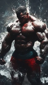 Titanic bodybuilder stands drenched in explosive splashes