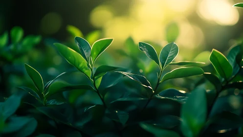 Lush Green Leaves in Soft Morning Light, Nature Photography.