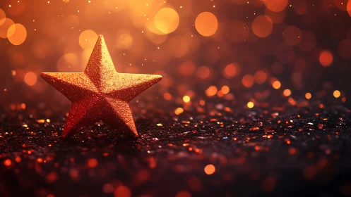 Glittering red star ornament over glowing bokeh field.