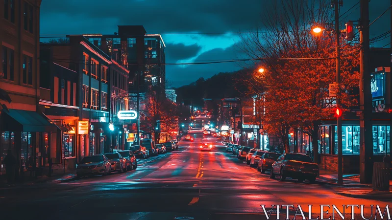 Urban street corridor under mixed neon and sodium lighting.
