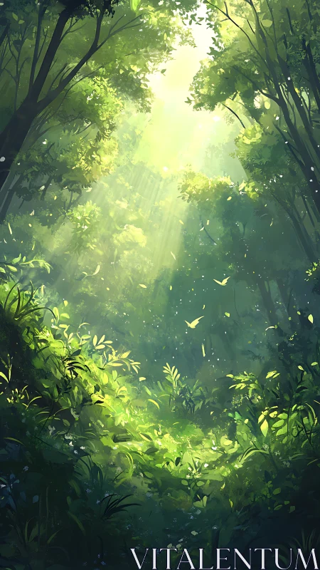 Sunlit Forest Canopy with Falling Leaves and Golden Light Rays