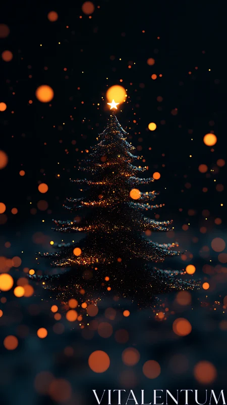 Luminous Christmas tree with bokeh sparks in deep night.