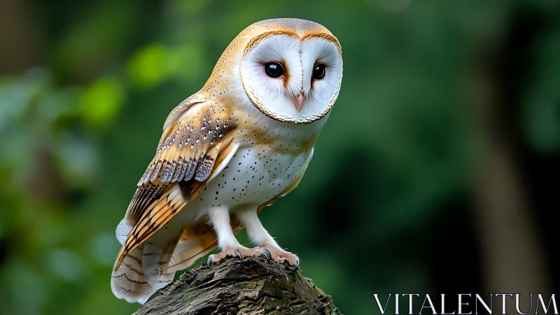 Barn owl perched on tree stump in vibrant nature photography.