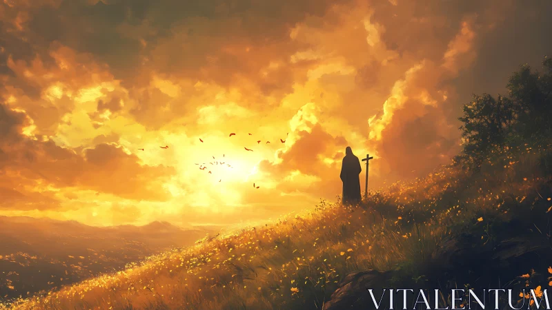 Hooded figure on hillside at glowing golden sunset sky.