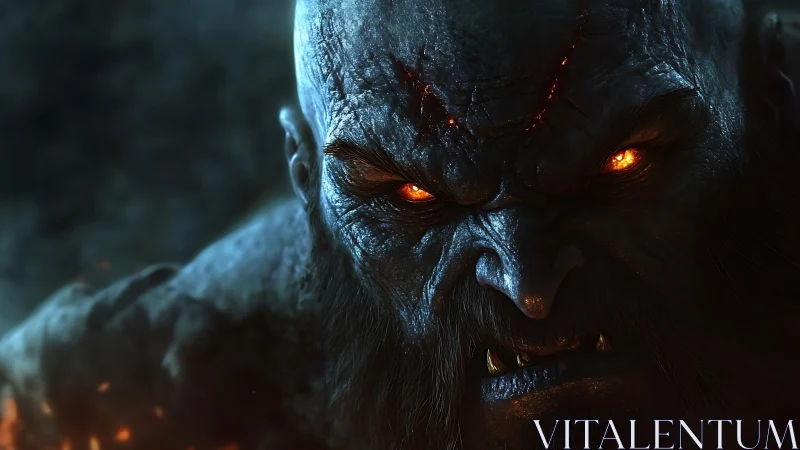 Demonic warrior close-up with burning orange eyes