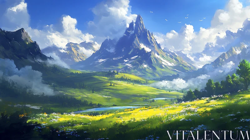 Mountain valley landscape shows bright fields and sharp peaks