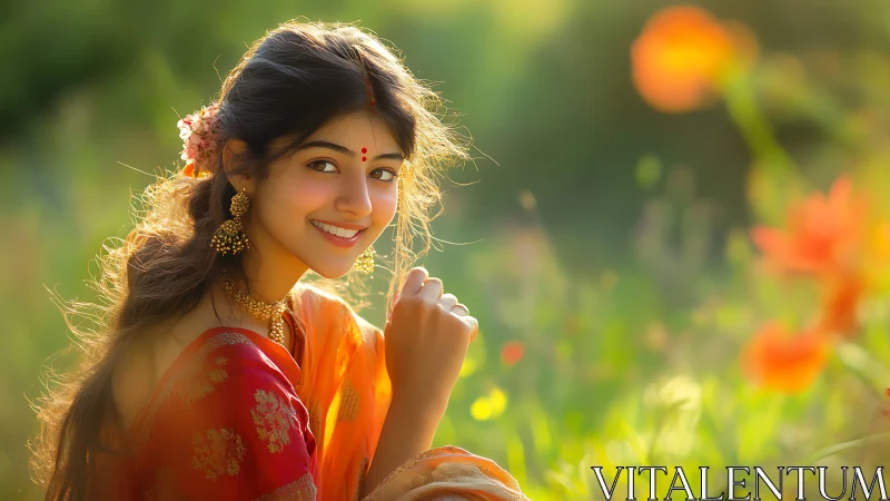 Young woman in traditional attire smiling in sunlit floral field.
