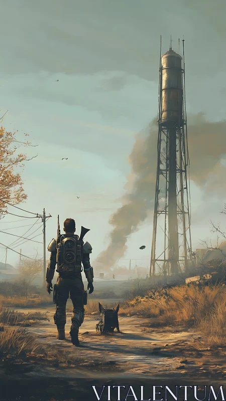 Wasteland wanderer approaches rusted water tower under smoke