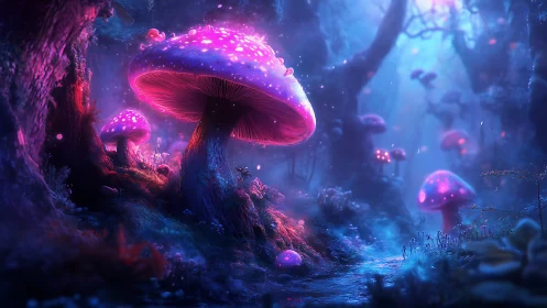 Bioluminescent mushrooms illuminate a misty, blue-violet fantasy forest