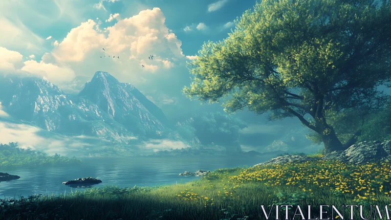 Mountain lake landscape with tree, meadow and distant peaks.