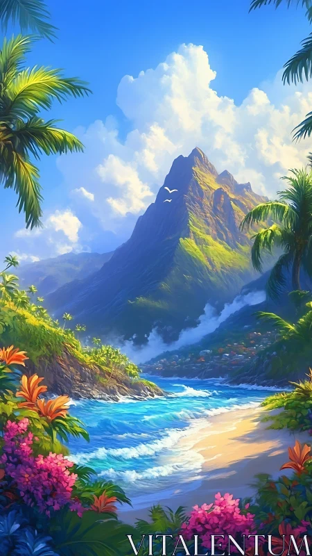 Tropical coastal mountain landscape with beach and vegetation.