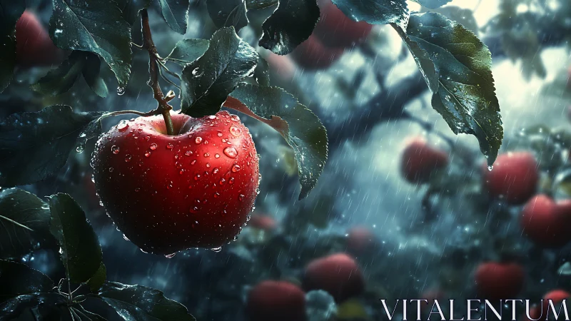 Red apple hangs under rain with sharp droplets and leaves