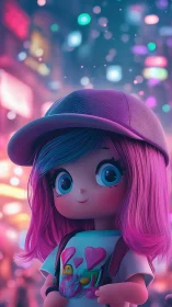 Neon pink haired chibi girl in cap under blurred city bokeh