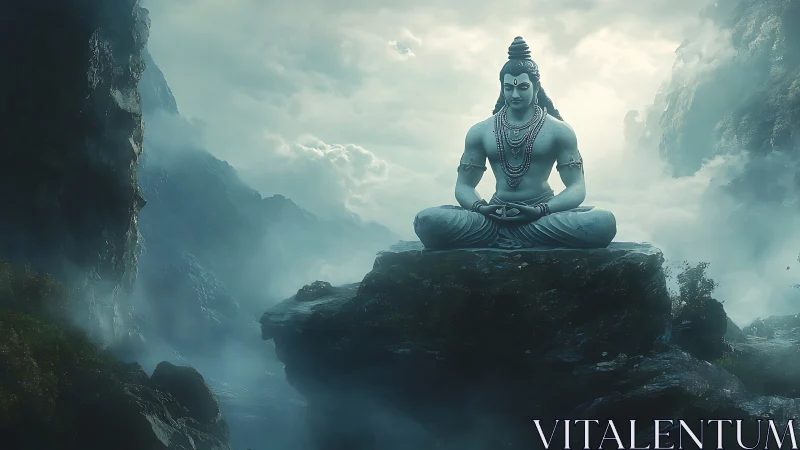 Serene mountain deity statue meditates above misty clouds.