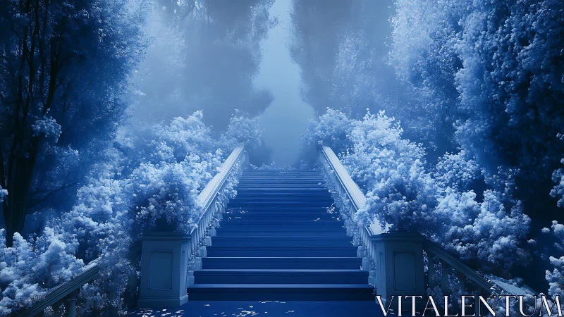 Spectral blue stairway ascending through volumetric mist.