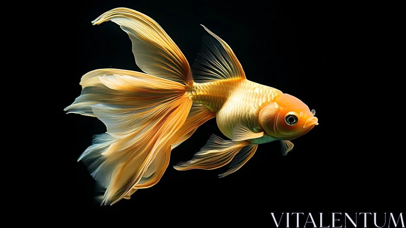 Golden silk-tailed goldfish drifting through midnight water.