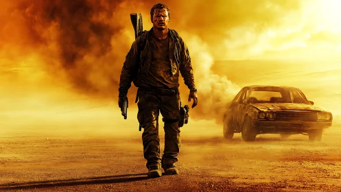 Dust-coated lone survivor strides from rusted sedan through storm