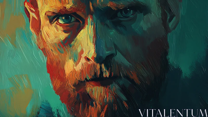 Intense male portrait in bold teal and orange brushstrokes.