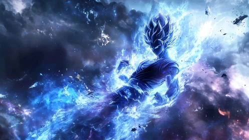 Celestial warrior erupts through cosmic storm in blue fire.