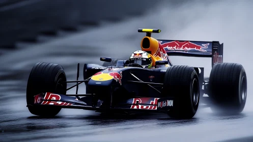 Photorealistic F1 wet-race capture with dynamic motion blur.