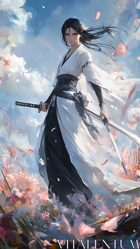 Lone samurai stands in a storm of petals beneath bright sky