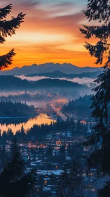 Urban valley at dusk with mist, lake, roads and mountains.