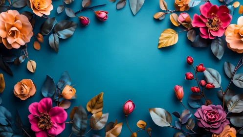 Gradient Teal Floral Composition With Botanical Specimens and Metallic Leaves