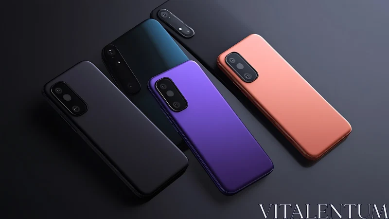 Color range of modern smartphones on dark surface.