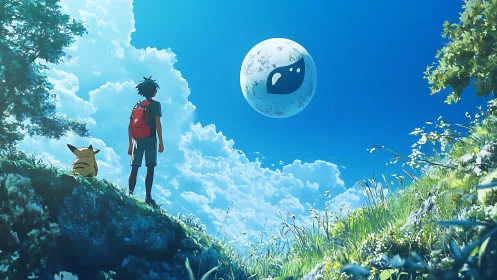 Boy and small creature watching floating orb under blue sky.
