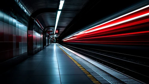 Long exposure train streaks in moody urban subway tunnel.