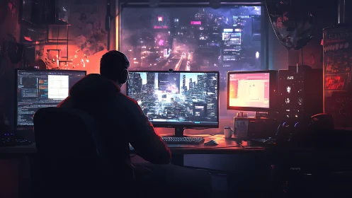 Cyberpunk workstation shows multi-monitor coder in neon-lit studio