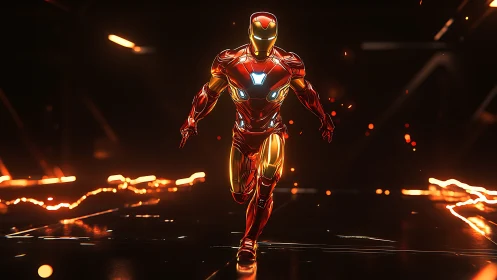 Armored humanoid figure runs through dark reflective space