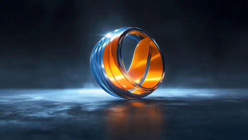 Futuristic metallic orange and silver ring on dark reflective surface.