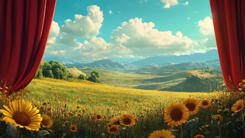 Curtains frame a bright digital landscape of sunlit hills