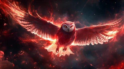 Majestic Fiery Owl in Flight with Glowing Red Wings, Digital Art.