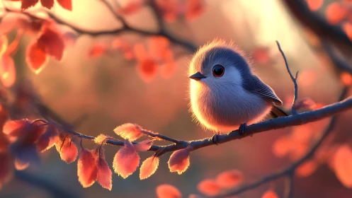 Delicate Blue Bird Perched Among Golden Autumn Leaves.