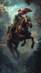 Armored cavalry figure rides through dense, atmospheric forest