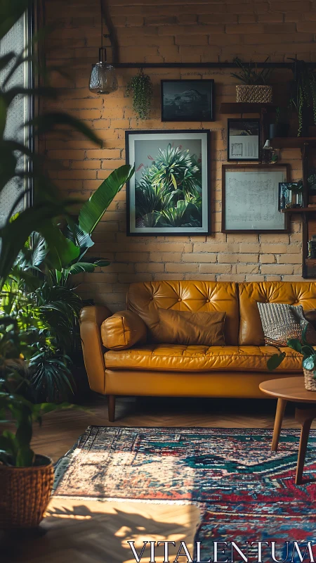 Midcentury sofa in plant filled living room interior.